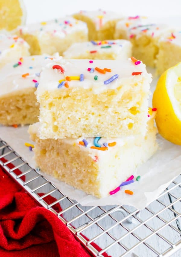 iced lemon snack cake, cut and stacked