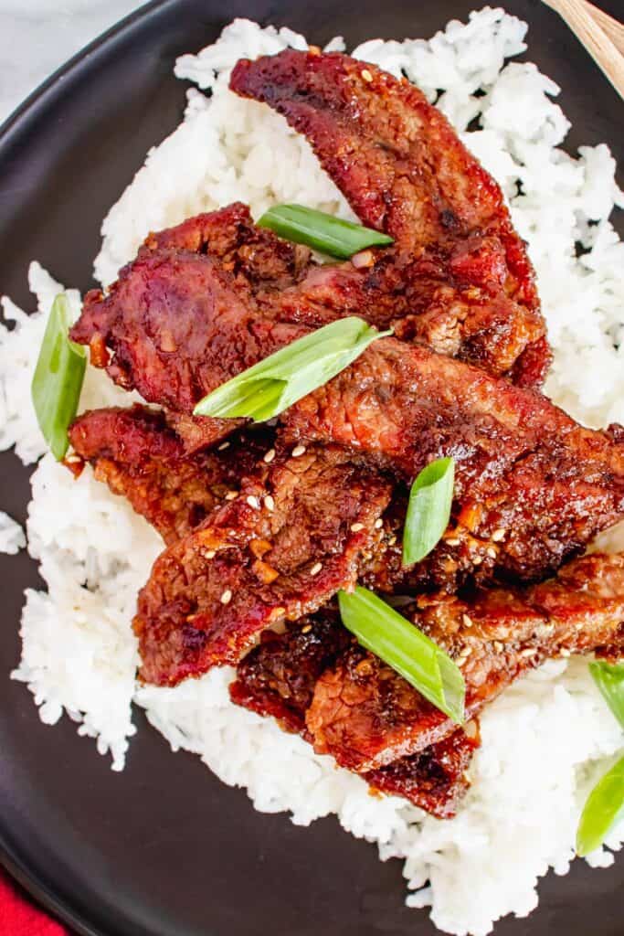 close up of Spicy Mongolian Beef on white rice