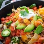 close up of skillet nachos
