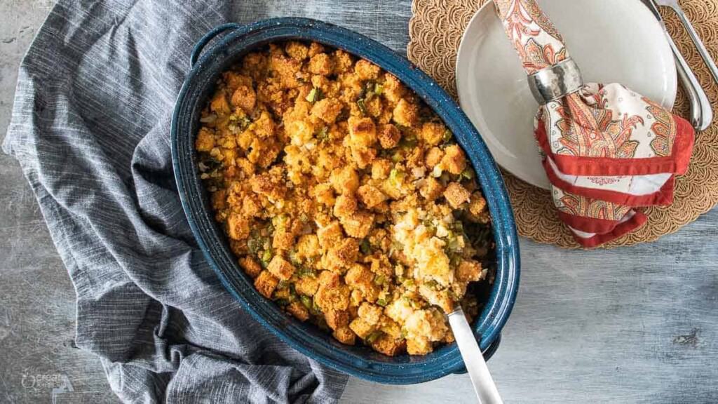 top down shot of cornbread stuffing on a table