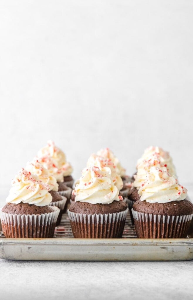 Chocolate Peppermint Cupcakes on a tray