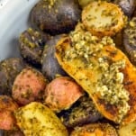 close up of Pesto Roasted Potatoes after baking