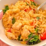 a bowl of Mediterranean Chicken Orzo with a fork