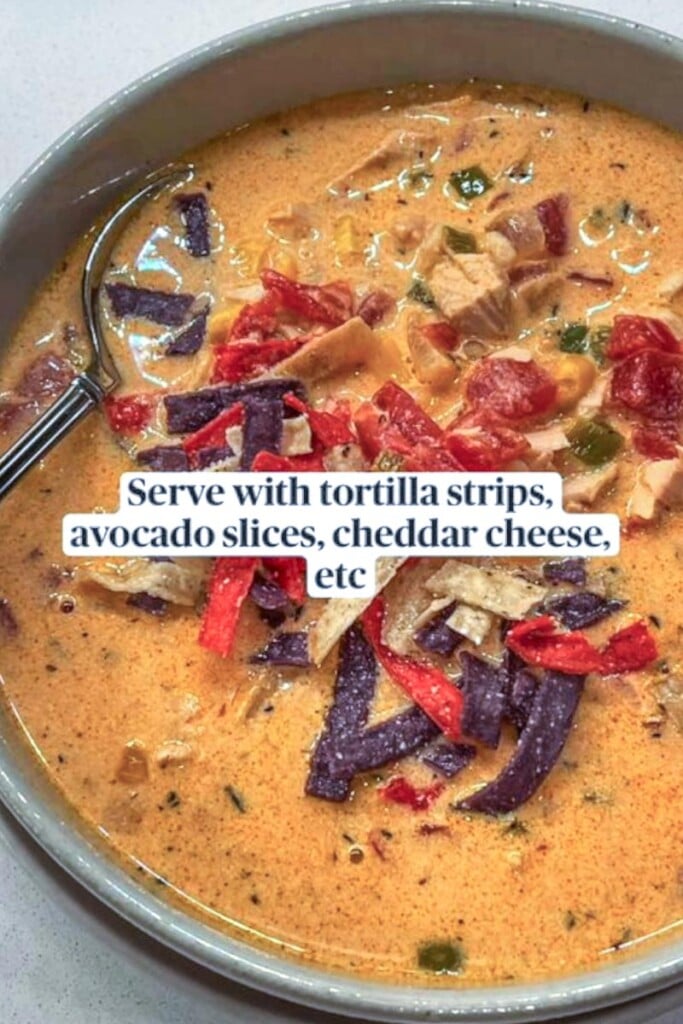 chicken tortilla soup in a bowl topped with crispy tortilla strips