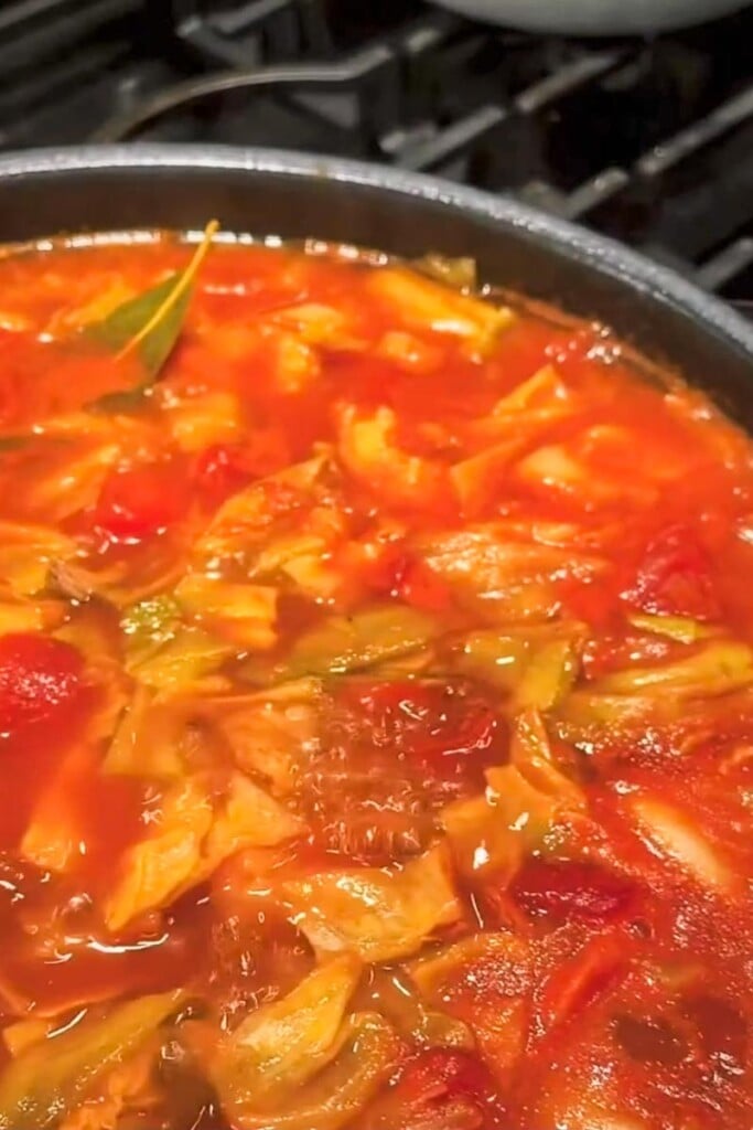 a beef and cabbage soup boiling on the stove
